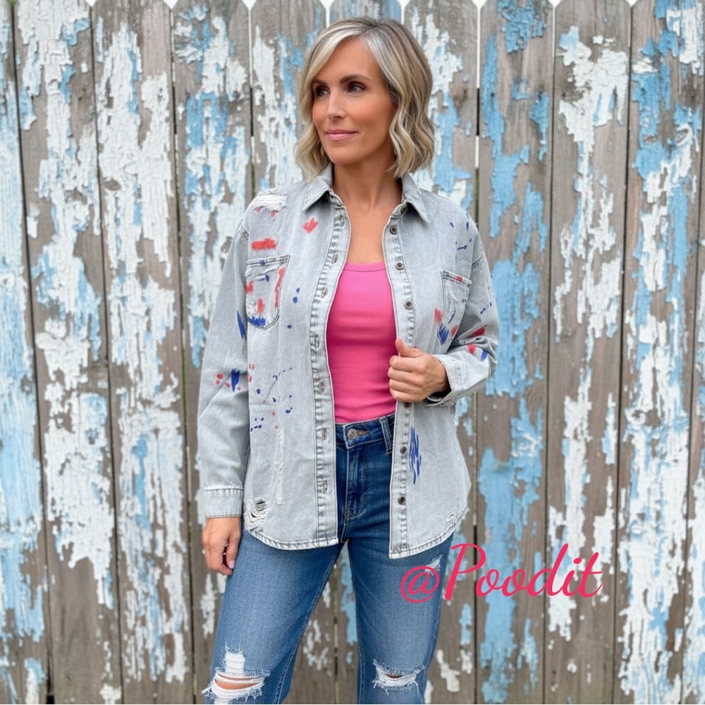 EASEL distressed paint splatter denim top size S, L